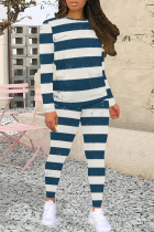 Blue White Casual Colorblock Patchwork O Neck Long Sleeve Two Pieces