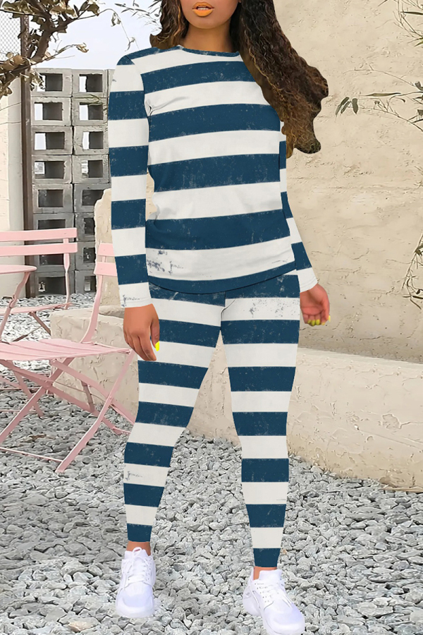 Blue White Casual Colorblock Patchwork O Neck Long Sleeve Two Pieces