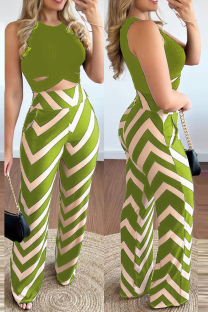 Green Casual Print Hollowed Out O Neck Sleeveless Two Pieces
