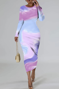Purple Casual Print Basic O Neck Long Sleeve Dresses