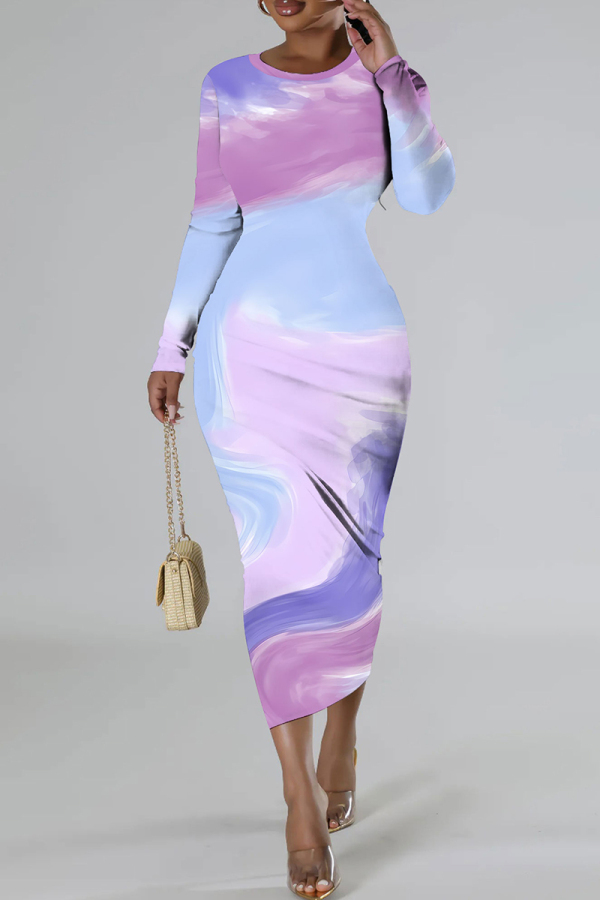Purple Casual Print Basic O Neck Long Sleeve Dresses