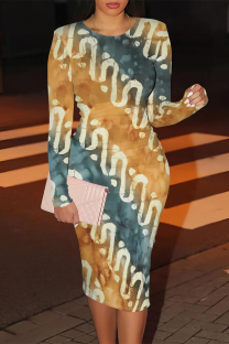 Golden Yellow Casual Street Geometric Print Contrast O Neck Printed Dresses