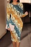 Golden Yellow Casual Street Geometric Print Contrast O Neck Printed Dresses