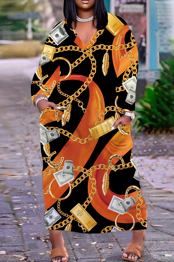 Orange Casual Print Pocket V Neck Long Plus Size Dresses