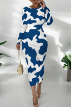 Dark Blue Casual Print Patchwork O Neck Long Dresses