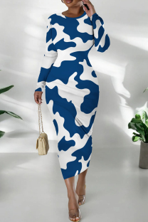 Dark Blue Casual Print Patchwork O Neck Long Dresses