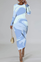 Light Blue Casual Print Basic O Neck Long Sleeve Dresses
