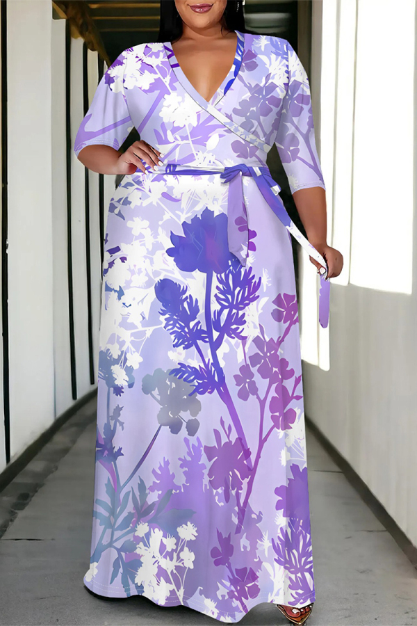 Light Purple Casual Street Floral Print Camouflage Print Gradient Lace Up Contrast V Neck Printed Plus Size Dresses