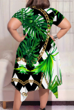 White Green Casual Street Geometric Print Floral Print Pocket Irregular Contrast O Neck Irregular Plus Size Dresses