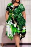 White Green Casual Street Geometric Print Floral Print Pocket Irregular Contrast O Neck Irregular Plus Size Dresses