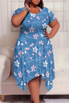 Cyanine Casual Street Geometric Print Floral Print Pocket Irregular Contrast O Neck Irregular Plus Size Dresses