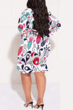 Light Yellow Sexy Street Floral Print Lace Up Ruffle Contrast V Neck Printed Plus Size Dresses