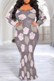 Green Sexy Floral Print Contrast O Neck Printed Plus Size Dresses