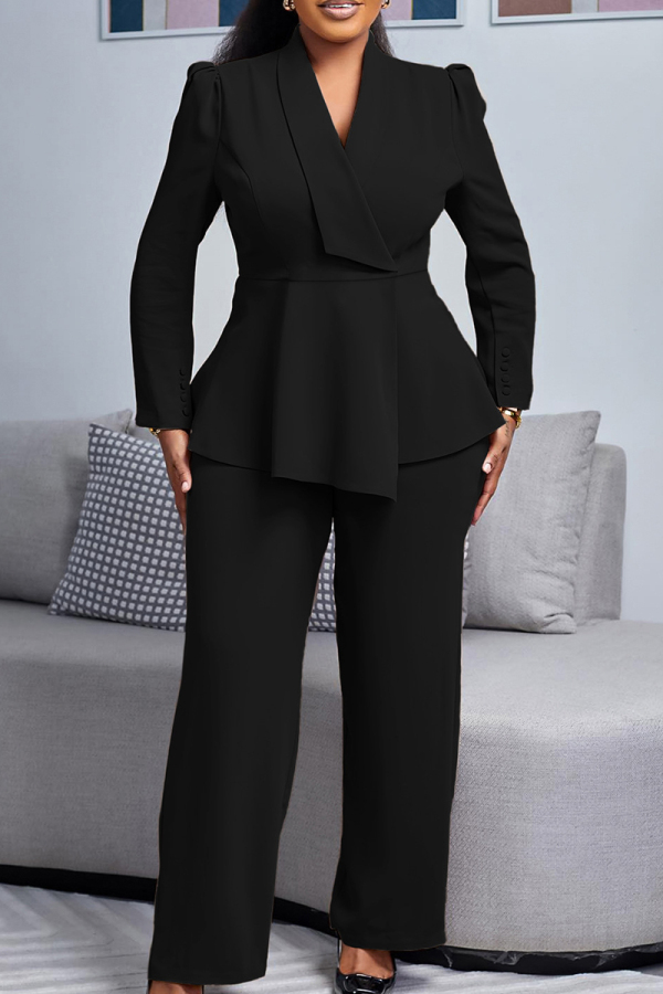 Black Casual Solid Color Patchwork V Neck Long Sleeve Two Pieces