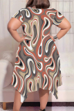 White Green Casual Street Geometric Print Floral Print Pocket Irregular Contrast O Neck Irregular Plus Size Dresses