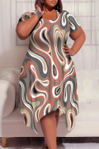 Brown Hazel Casual Street Geometric Print Floral Print Pocket Irregular Contrast O Neck Irregular Plus Size Dresses