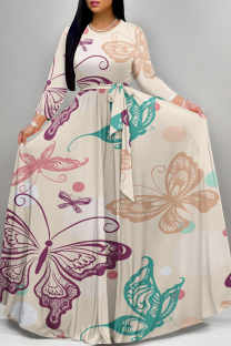 Apricot Casual Street Floral Print Butterfly Lace Up O Neck Printed Dresses