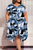 White Green Casual Street Geometric Print Floral Print Pocket Irregular Contrast O Neck Irregular Plus Size Dresses