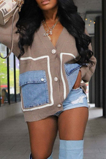 Camel Casual Pocket Buckle Patchwork Contrast V Neck Tops