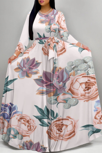 Light Pink Casual Street Floral Print Butterfly Lace Up O Neck Printed Dresses