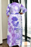 Lake Blue Casual Street Floral Print Camouflage Print Gradient Lace Up Contrast V Neck Printed Plus Size Dresses