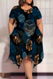 White Green Casual Street Geometric Print Floral Print Pocket Irregular Contrast O Neck Irregular Plus Size Dresses
