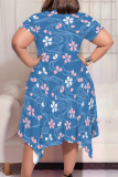 White Green Casual Street Geometric Print Floral Print Pocket Irregular Contrast O Neck Irregular Plus Size Dresses