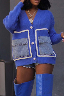 Blue Casual Pocket Buckle Patchwork Contrast V Neck Tops