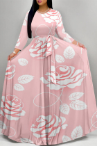 Pink Casual Street Floral Print Butterfly Lace Up O Neck Printed Dresses