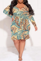 Khaki Sexy Street Floral Print Lace Up Ruffle Contrast V Neck Printed Plus Size Dresses