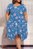 White Green Casual Street Geometric Print Floral Print Pocket Irregular Contrast O Neck Irregular Plus Size Dresses