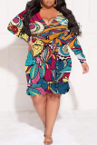 Light Yellow Sexy Street Floral Print Lace Up Ruffle Contrast V Neck Printed Plus Size Dresses