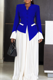 Blue Elegant Buttons Patchwork Contrast V Neck Long Sleeve Two Pieces