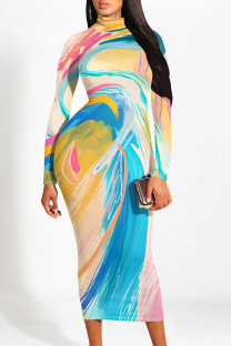 Colour Elegant Gradient Print Contrast Half A Turtleneck Printed Dresses
