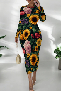 Multicolor Casual Print Patchwork O Neck Wrapped Skirt Dresses