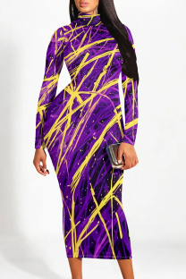 Purple Elegant Gradient Print Contrast Half A Turtleneck Printed Dresses
