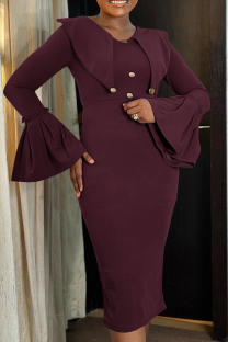Brown Elegant Solid Color Buttons Patchwork V Neck Wrapped Skirt Dresses