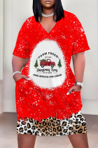 Red White Casual Party Plaid Leopard Print Snowflakes Christmas Tree Print Pocket Contrast V Neck Printed Plus Size Dresses