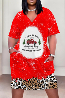 Red White Casual Party Plaid Leopard Print Snowflakes Christmas Tree Print Pocket Contrast V Neck Printed Plus Size Dresses