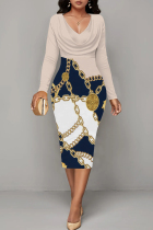 Light Khaki Casual Print Patchwork V Neck Wrapped Skirt Dresses