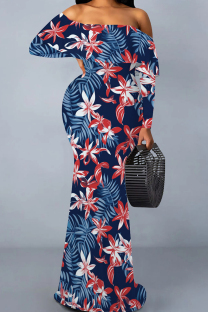 Tibetan Blue Casual Print Patchwork Backless Off Shoulder Long Dresses