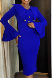 Blue Elegant Solid Color Buttons Patchwork V Neck Wrapped Skirt Dresses