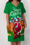 Red Casual Party Plaid Leopard Print Snowflakes Christmas Tree Print Pocket Contrast V Neck Printed Plus Size Dresses