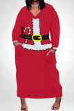 White Red Casual Party Santa Claus Print Pocket Contrast V Neck Plus Size Dresses