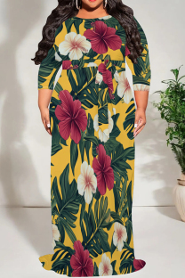 Yellow Red Casual Print Patchwork Strap Design O Neck Long Plus Size Dresses