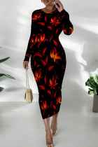 Black Red Casual Print Patchwork O Neck Wrapped Skirt Dresses