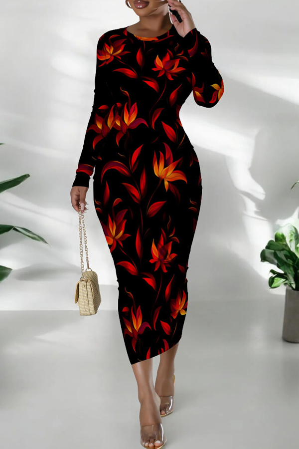 Black Red Casual Print Patchwork O Neck Wrapped Skirt Dresses
