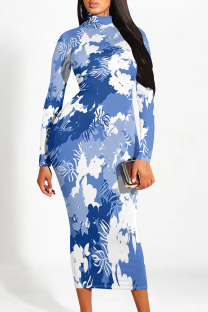 Blue Elegant Gradient Print Contrast Half A Turtleneck Printed Dresses