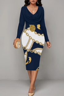 Tibetan Blue Casual Print Patchwork V Neck Wrapped Skirt Dresses