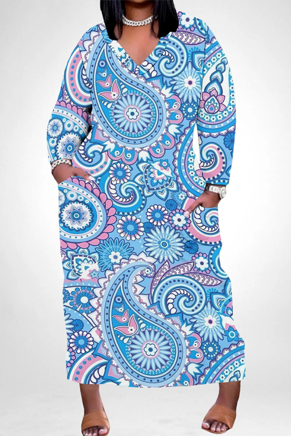 Sky Blue Casual Street Floral Print Pocket Contrast V Neck Printed Plus Size Dresses